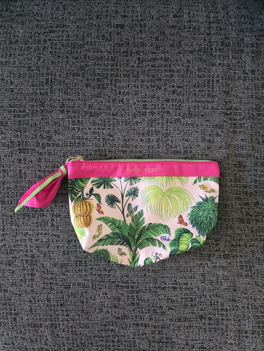 Estee Lauder Pink Tropical Leaf Print Cosmetic Make Up Bag